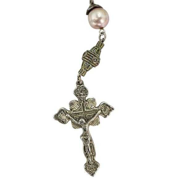 Vintage Large Display Ceremonial Ornate Rosary Faux Pearl & Crackle Glass Beads - Picture 9 of 10